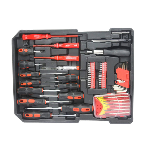 Roll Bar Rolling Toolbox Kit With 899-Piece Emergency Car, Water, Electrical And Woodworking Repair Set In Silver, tools tray