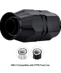 8AN PTFE Hose End Fitting Straight Black, aluminum swivel fitting for PTFE fuel hose only, shown with hose compatibility