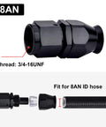 8AN PTFE Hose End Fitting Straight Black, aluminum swivel fitting for PTFE fuel hose only, 3/4-16 UNF thread detail