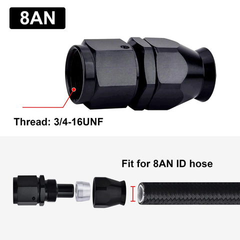 8AN PTFE Hose End Fitting Straight Black, aluminum swivel fitting for PTFE fuel hose only, 3/4-16 UNF thread detail