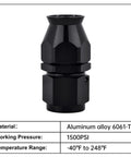 8AN PTFE Hose End Fitting Straight Black, aluminum swivel PTFE fitting, temperature range -40°F to 248°F, 1500 PSI rated