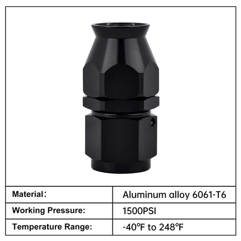 8AN PTFE Hose End Fitting Straight Black, aluminum swivel PTFE fitting, temperature range -40°F to 248°F, 1500 PSI rated