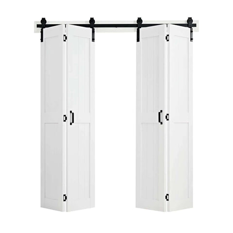 MDF Bifold Barn Door 72 By 84 Inches With Space Saving H Frame Easy Glide Track System Preassembled Panels Header Board And Hardware Kit Included Waterproof And Quiet White