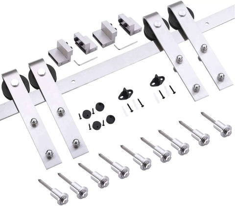 Sturdy Double Barn Door Kit 48 By 96 Inches In Nordic White With Frosted Glass 13 Foot Rail Hangers Beefy Build Track System Including Hardware And Floor Guide Solid Panel Interior Doors components
