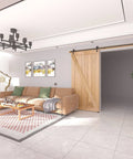 Living room with 8FT Barn Door Hardware Kit with Heavy Duty Sliding Track, J Shaped Carbon Steel System, wood door installed
