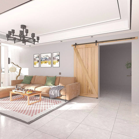 Living room with 8FT Barn Door Hardware Kit with Heavy Duty Sliding Track, J Shaped Carbon Steel System, wood door installed