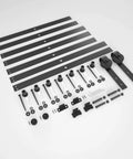 Components of the 8FT Barn Door Hardware Kit with Heavy Duty Sliding Track, J Shaped Carbon Steel System for interior and exterior use.