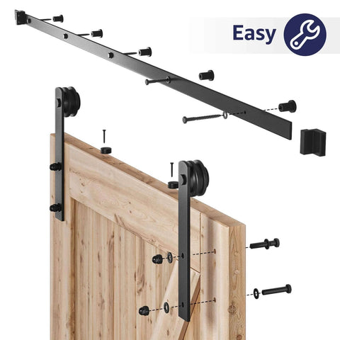 8ft Barn Door Hardware Kit with I shape hanger installation guide, heavy duty sliding door track, solid carbon steel, for 42 to 48 inch doors.