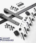 Complete parts of 8ft Barn Door Hardware Kit with I shape hanger, heavy duty sliding door track, carbon steel, nylon rollers shown