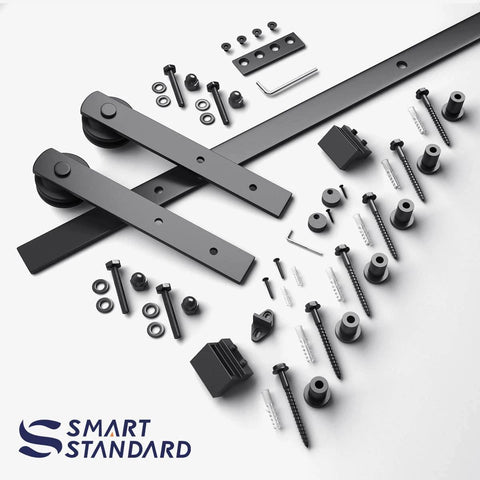 Complete parts of 8ft Barn Door Hardware Kit with I shape hanger, heavy duty sliding door track, carbon steel, nylon rollers shown