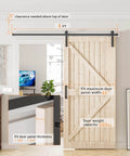 Interior with 8FT Sliding Barn Door Hardware Kit Heavy Duty featuring I Shape Hanger, displayed on wooden door, showing dimensions and specs