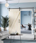 Interior view of an 8ft Barn Door Hardware Kit with I shape hanger, heavy duty sliding door track made from solid carbon steel, installed on a door