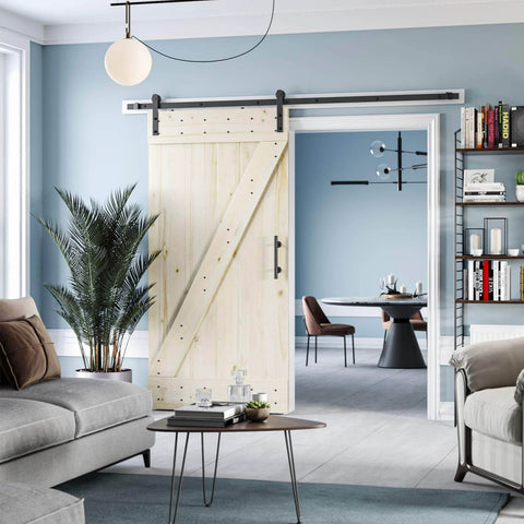 Interior view of an 8ft Barn Door Hardware Kit with I shape hanger, heavy duty sliding door track made from solid carbon steel, installed on a door