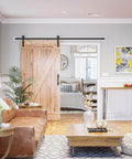 8ft Barn Door Hardware Kit with I shape hanger installed in living room, showcasing the heavy duty sliding door track with carbon steel build.