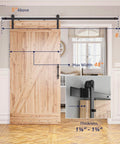 8ft Barn Door Hardware Kit with I shape hanger installed on wood door, showing sliding track and smooth nylon rollers, fits 42-48 inch doors.