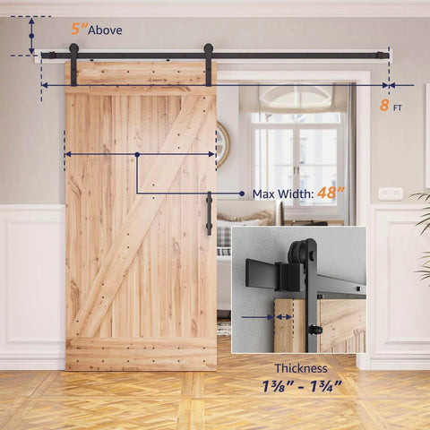 8ft Barn Door Hardware Kit with I shape hanger installed on wood door, showing sliding track and smooth nylon rollers, fits 42-48 inch doors.