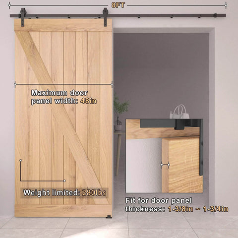 8FT Barn Door Hardware Kit with Heavy Duty Sliding Track installed on wood door, ideal for 44 to 48 inch panels, showing door clearance.