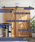 8 Feet Bypass Sliding Barn Door Hardware Kit for Double Wooden Doors with Single Track and carbon steel rail displayed on doors.