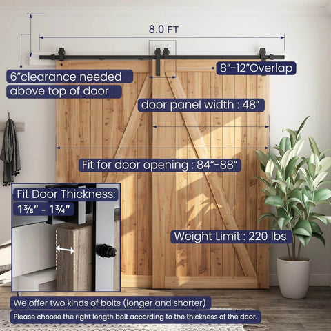 8 Feet Bypass Sliding Barn Door Hardware Kit for Double Wooden Doors with Single Track and carbon steel rail displayed on doors.