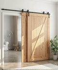 8 Feet Bypass Sliding Barn Door Hardware Kit for Double Wooden Doors with Single Track installed on wooden doors in living room
