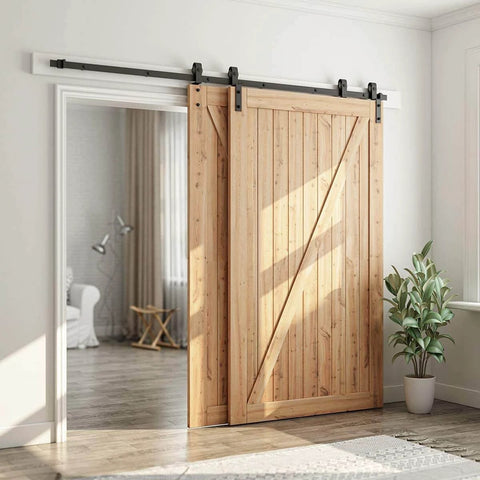 8 Feet Bypass Sliding Barn Door Hardware Kit for Double Wooden Doors with Single Track installed on wooden doors in living room