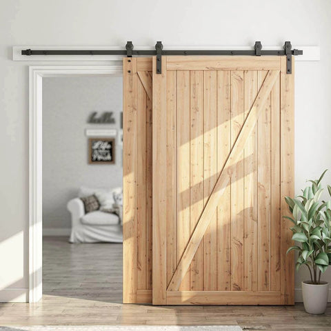 8 Feet Bypass Sliding Barn Door Hardware Kit for Double Wooden Doors with Single Track, installed in 84 inch door opening