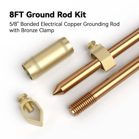 8 Foot Copper Bonded Ground Rod Kit with Five Eighths Inch Diameter and Bronze Clamp for fence systems and outdoor installations
