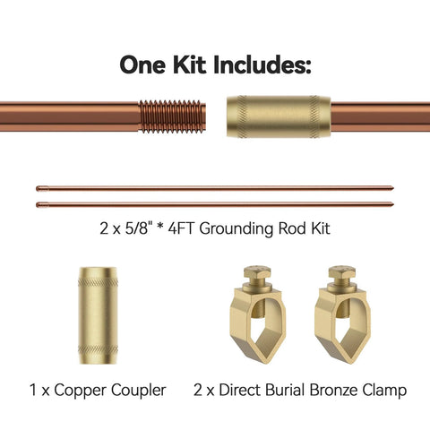8 foot copper bonded ground rod kit with five eighths inch diameter and bronze clamp for fence systems antennas and outdoor installations