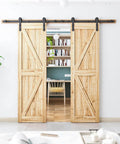 8FT Double Barn Door Hardware Kit for Two 24 Inch Door Panels installed in living room setting