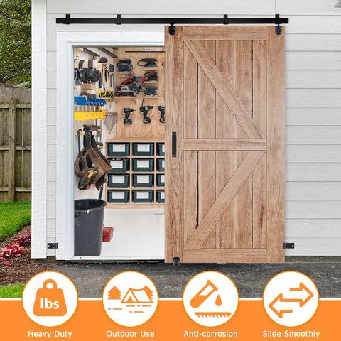 8Ft Box Rail Exterior Barn Door Hardware Kit installed on a garage, durable black powder coat, corrosion resistant