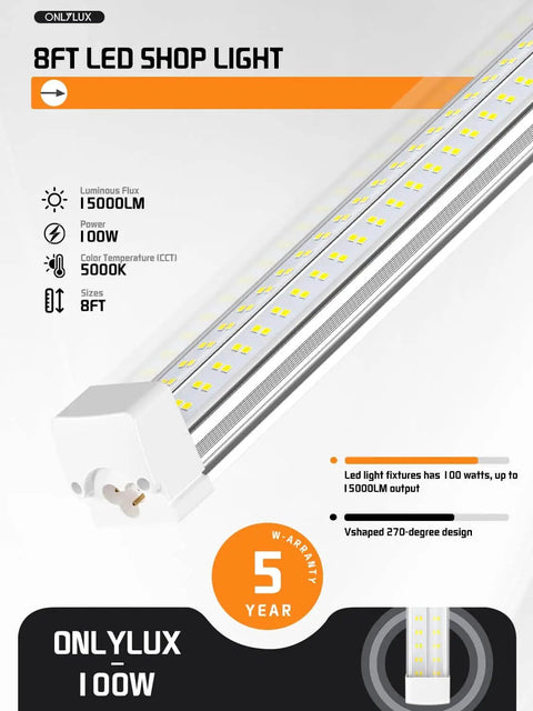Diagram of Ultra Bright 8 Foot LED Shop Light Fixture Kit With 100W Power 15000 Lumens 5000K Daylight detailing features