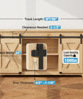 8ft Super Mini Sliding Barn Door Hardware Kit For Double Doors For TV Stands, Cupboards, Storage Cabinets And Wardrobes, J Shape Hanger, Flexible Floor Guides For Grooved Or Non Grooved Doors, Includes 2 Spliced Tracks, shown installed on cabinet