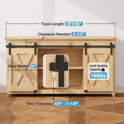 8ft Super Mini Sliding Barn Door Hardware Kit For Double Doors For TV Stands, Cupboards, Storage Cabinets And Wardrobes, J Shape Hanger, Flexible Floor Guides For Grooved Or Non Grooved Doors, Includes 2 Spliced Tracks, shown installed on cabinet