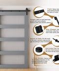 Diagram of 8FT Sliding Barn Door Hardware Kit for Single Doors up to 48 Inch, showing components like track, hangers, spacers, and guides.