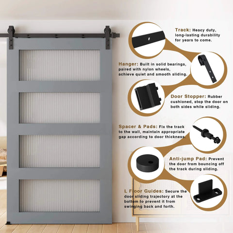 Diagram of 8FT Sliding Barn Door Hardware Kit for Single Doors up to 48 Inch, showing components like track, hangers, spacers, and guides.