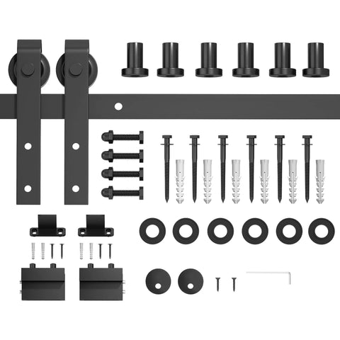 8FT Sliding Barn Door Hardware Kit for Single Doors up to 48 Inch, components displayed, heavy duty carbon steel track, nylon rollers