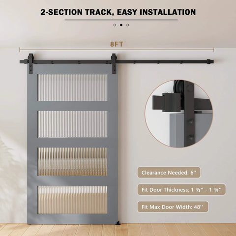 8FT Sliding Barn Door Hardware Kit for Single Doors up to 48 Inch installed with track and rollers, room view