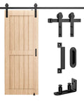 8FT Sliding Barn Door Hardware Kit Heavy Duty with I Shape Hanger, Adjustable Floor Guide, Black Iron Track System shown with parts