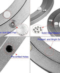 Close-up of 8 Inch Lazy Susan Hardware Heavy Duty Aluminum Turntable Bearing with smooth ball bearings and pre-drilled holes, silver finish.