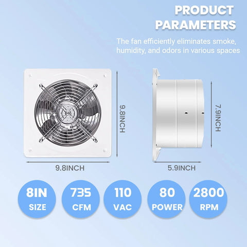 Beefy 8 Inch Exhaust Fan 735 CFM Wall Mounted Ventilation Blower For Ceiling Bathroom Attic Window Basement Use 110V 80W