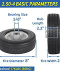 ✝️ 8-inch flat-free tire, 2.50-4 solid tire and wheel, 5/8" bearings, 2.2" offset hub, tire diameter 8", side and front view
