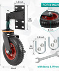 8 Inch Gate Wheel With Brake And 360 Degree Swivel, spring loaded, with mounting brackets, nuts, wrench, and measurements displayed