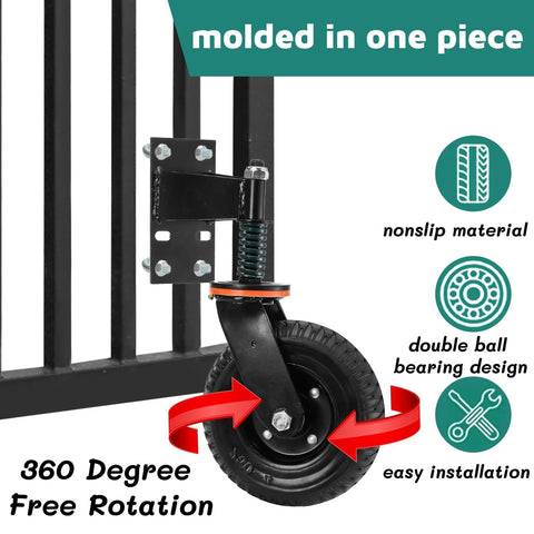 8 Inch Heavy Duty Gate Wheel With Suspension For Metal Or Wooden Gates 600 Lbs Capacity Per Wheel 360 Degree Rolling Caster attached to gate