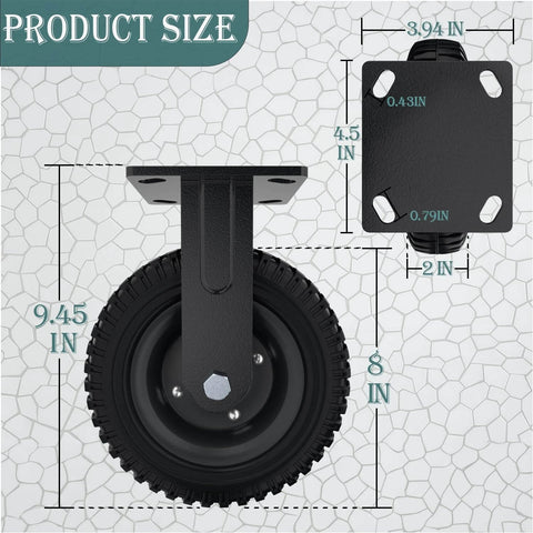8 inch heavy duty caster wheels set of 4（2swivel brake & 2 fixed 2000lbs capacity size diagram with measurements