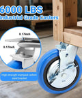 Close-up of 8 inch heavy duty caster wheels set of 4 rated 6000 lb total with smooth rolling design industrial polyurethane wheels setup.