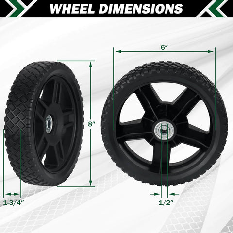 8 Inch Lawn Mower Wheels 2 Pack with Bolts and Lock Nuts, dimensions illustration for Push Mower Replacement Wheels, 1/2 Inch Bore