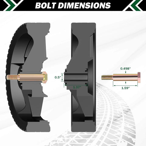 8 Inch Lawn Mower Wheels 2 Pack with Bolts and Lock Nuts, side view showing bolt dimensions, PVC wheel construction, 1/2 Inch Bore