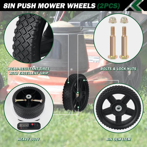 8 Inch Lawn Mower Wheels 2 Pack with Bolts and Lock Nuts, featuring wear-resistant tires and durable construction for push mowers.