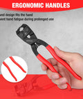 Hand holding 8 Inch Nail Puller Pliers with High Leverage End Cutting Jaws and Ergonomic Handles for construction and carpentry.