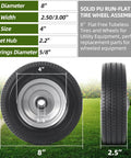 8 Inch Solid Wheel Replacement 2 Pack with 2.50-4 Flat Free Tire and Wheel, Offset Hub 2.2 Inch, side and front view display